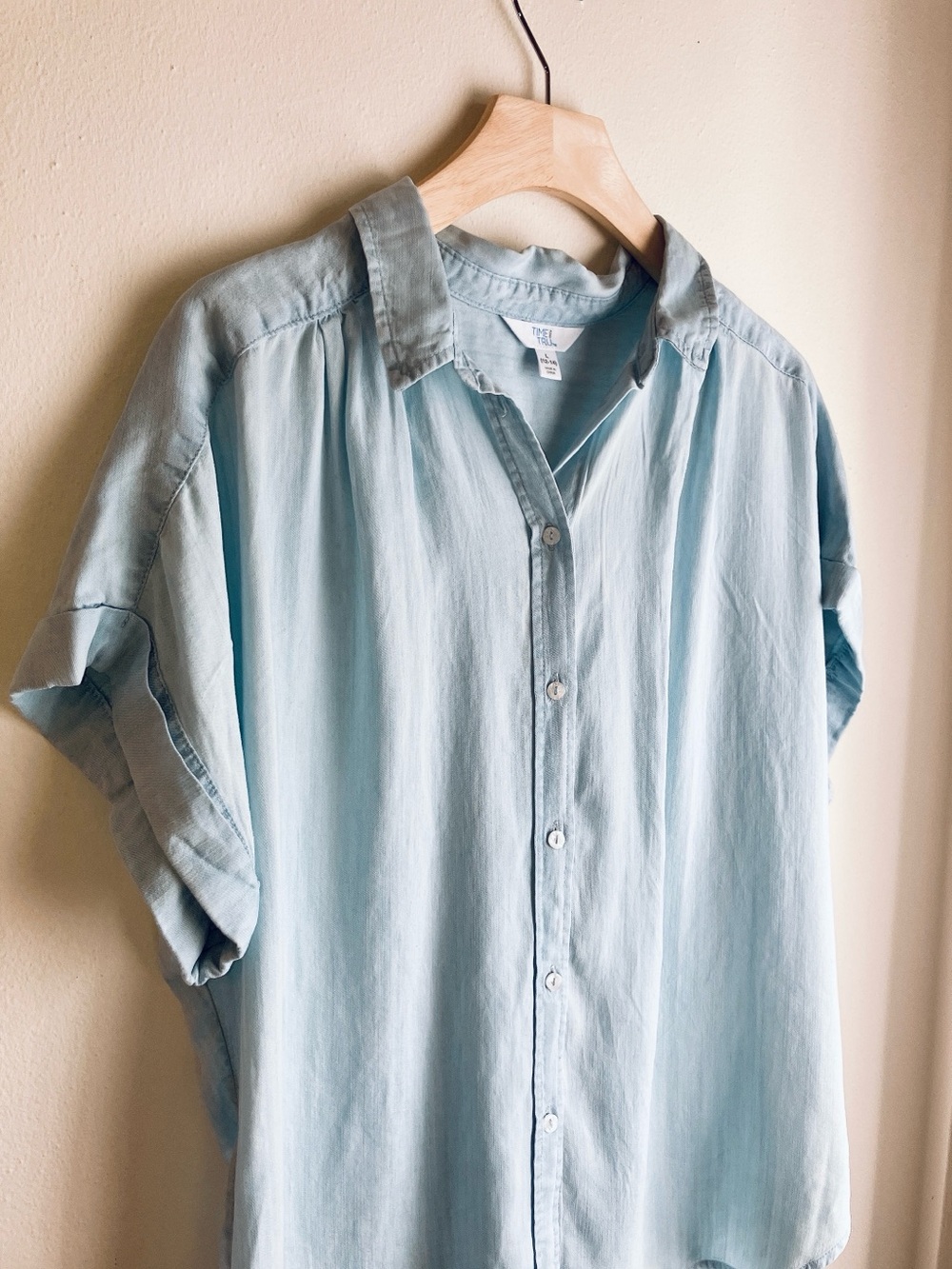 Time & Tru Light Blue Short-Sleeve Chambray Button-Down Shirt Large - Picture 3 of 11